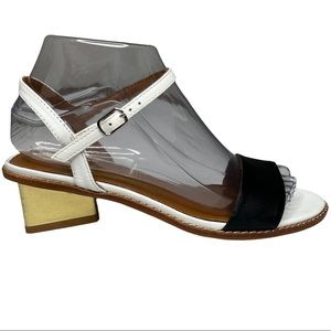 Rowen Thompson Heeled Sandals Womens Black White Gold Triangle Accent Size 7